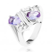 Inel argintiu, zirconii în culoare transparentă şi violet deschis, spirală dublă