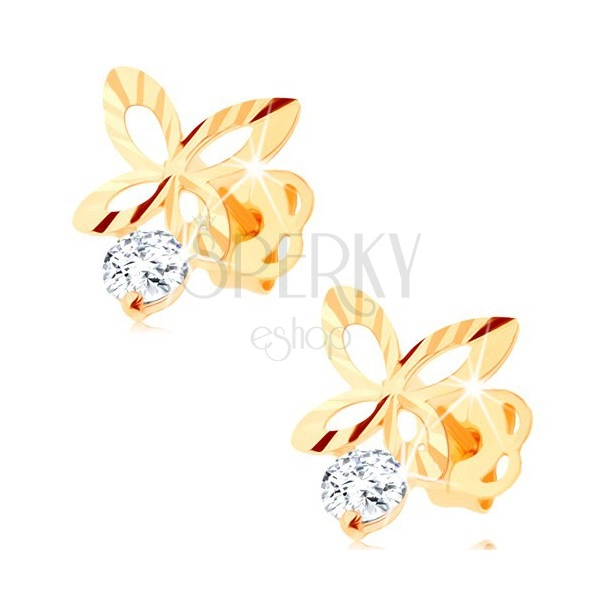 Cercei din aur 585 - fluture strălucitor cu caneluri și decupaje pe aripi, zirconiu