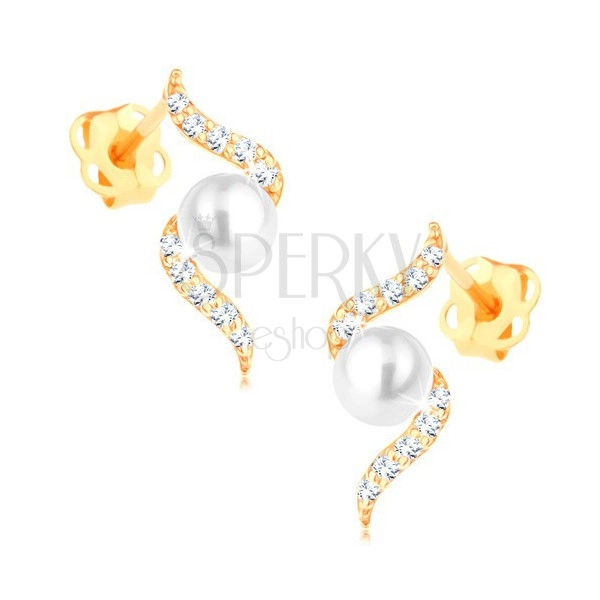 Cercei din aur galben de 14K - spirală lucioasă cu o perlă albă