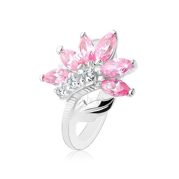 Inel lucios argintiu, floare cu zirconii roz și transparente, frunză lucioasă