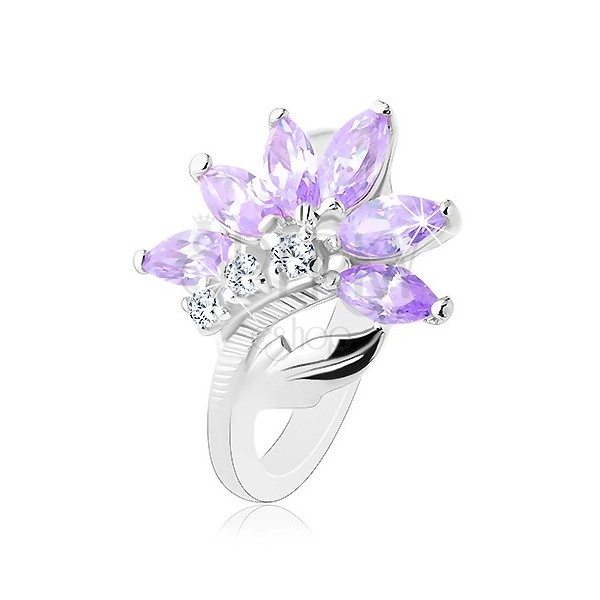Inel strălucitor de culoare argintie, floare violet deschis, frunză strălucitoare