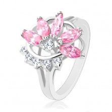 Inel cu brațe lucioase despicate, jumătate de floare roz-transparentă