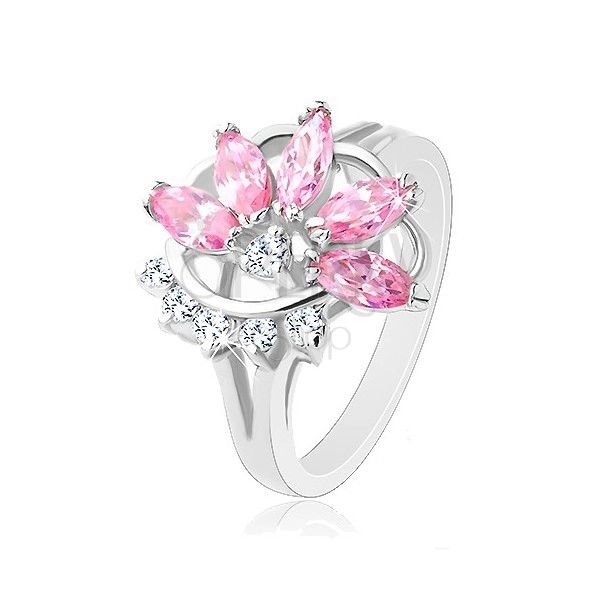 Inel cu brațe lucioase despicate, jumătate de floare roz-transparentă