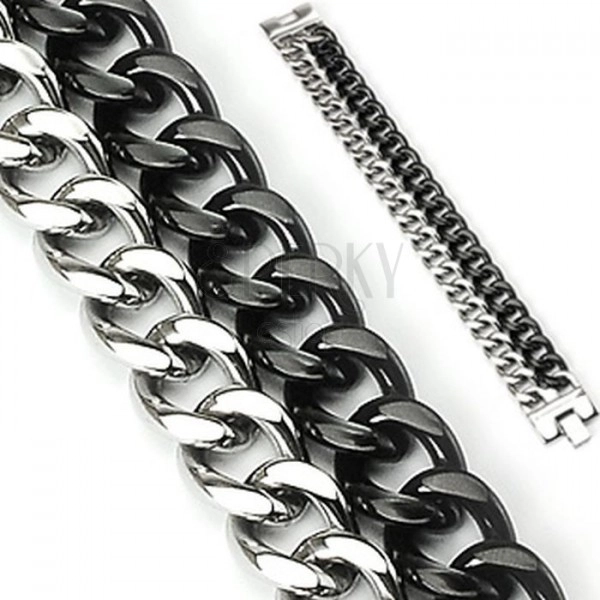 Brățară masivă din oțel - două lanțuri, culoare negru-argintiu