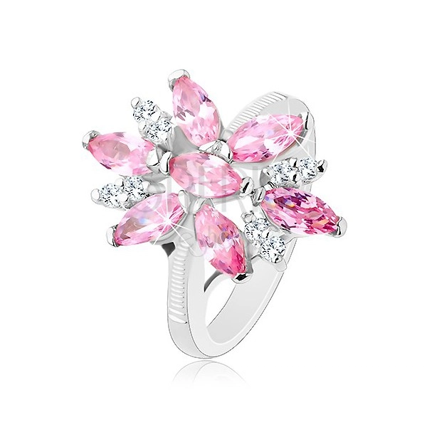 Inel de culoare argintie, floare mare cu petale transparente și roz