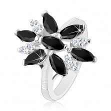 Inel lucios de culoare argintie, floare din zirconiu transparent și negru, brațe lucioase