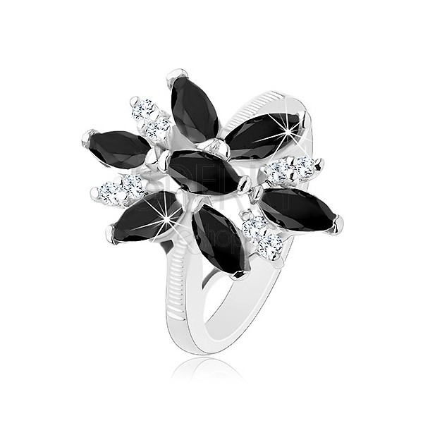 Inel lucios de culoare argintie, floare din zirconiu transparent și negru, brațe lucioase