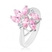 Inel înfrumusețat cu zirconii fațetate în formă de bob de culoare roz, două zirconii rotunde transparente