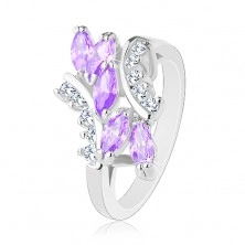 Inel de culoare argintie, zirconii în formă de bob de culoare violet deschis, zirconii transparente