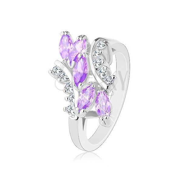 Inel de culoare argintie, zirconii în formă de bob de culoare violet deschis, zirconii transparente