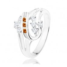 Inel de culoare argintie, spirală dublă cu zirconii portocalii şi transparente