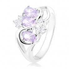 Inel strălucitor de culoare argintie, zirconii ovale, violet şi transparente