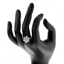 Inel strălucitor de culoare argintie, zirconiu transparent în formă de floare, braţe despicate