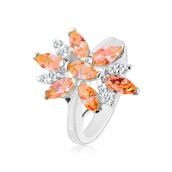 Inel strălucitor de culoare argintie, floare mare formată din zirconii portocalii şi transparente