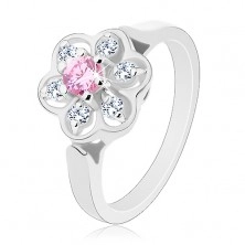 Inel de culoare argintie, floare transparentă, strălucitoare cu centru roz