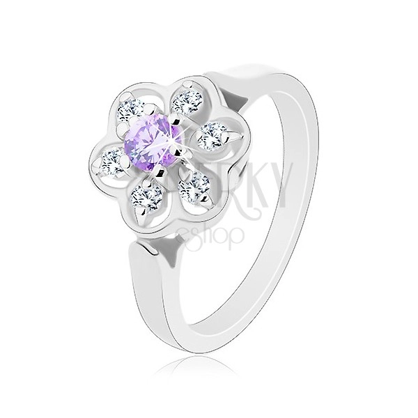 Inel de culoare argintie, floare transparentă strălucitoare cu centru violet deschis