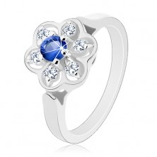 Inel de culoare argintie, floare transparentă cu zirconiu albastru închis