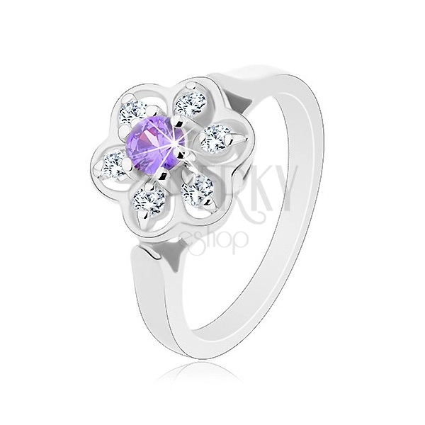 Inel strălucitor de culoare argintie, floare din zirconiu violet și transparent