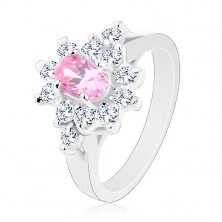Inel de culoare argintie, zirconiu oval în nuanță de roz cu margine transparentă