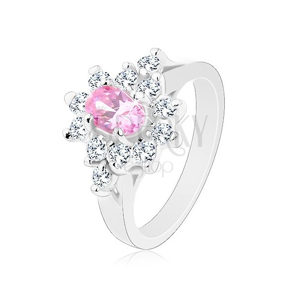 Inel de culoare argintie, zirconiu oval în nuanță de roz cu margine transparentă