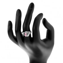Inel cu braţe despicate din zirconiu, formă de bob roz, arcade
