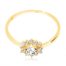 Inel realizat din aur galben de 14K - soare din zirconii transparente, braţe lucioase înguste
