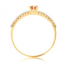 Inel din aur 585 - linii de zirconii transparente, garnet rosu rotund proeminent