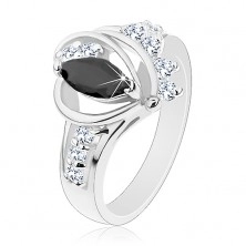 Inel de culoare argintie, zirconiu în formă de bob negru, arcade lucioase, zirconii transparente