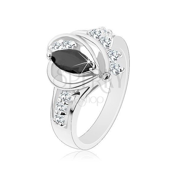 Inel de culoare argintie, zirconiu în formă de bob negru, arcade lucioase, zirconii transparente