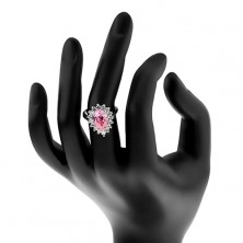 Inel strălucitor cu braţe înguste, zirconiu roz în formă de lacrimă