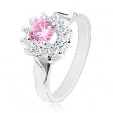 Inel de culoare argintie, floare din zirconiu transparent şi zirconiu roz, frunze lucioase