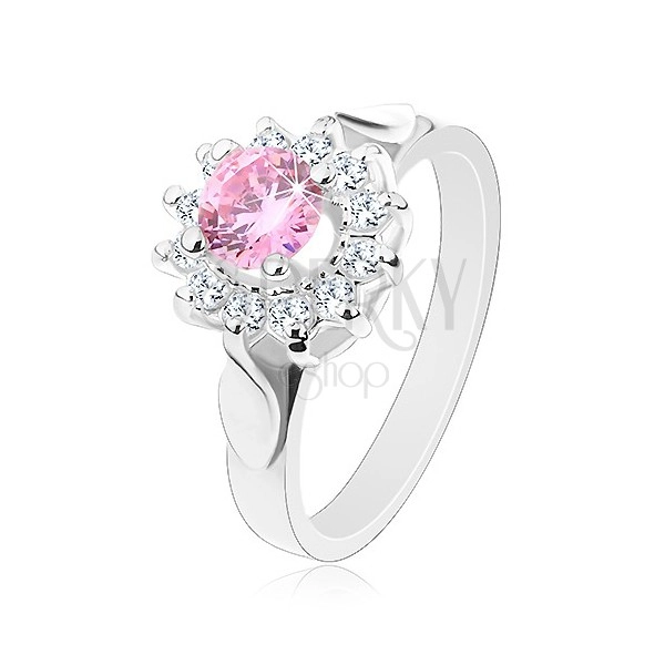 Inel de culoare argintie, floare din zirconiu transparent şi zirconiu roz, frunze lucioase