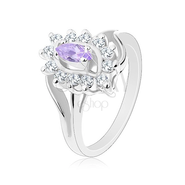 Inel de culoare argintie, braţe despicate, formă de bob violet, margine transparentă