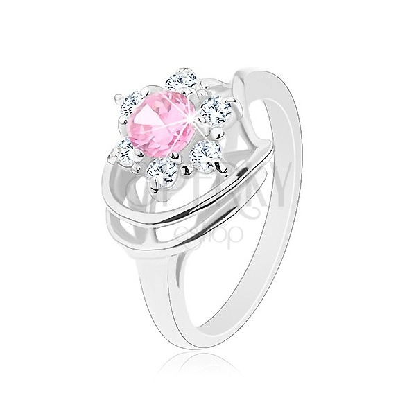 Inel de culoare argintie, zirconiu roz deschis în formă de floare, arcade strălucitoare