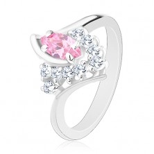 Inel de culoare argintie cu braţe îndoite, zirconii roz-transparente