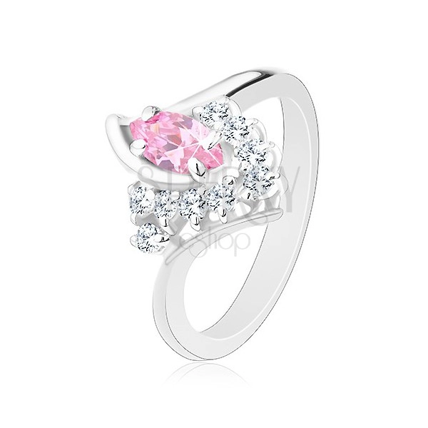Inel de culoare argintie cu braţe îndoite, zirconii roz-transparente
