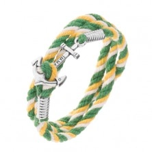 Brăţară colorată pentru mână în culori verde, galben şi alb, ancoră lucioasă de navă