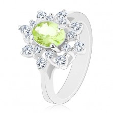 Inel strălucitor de culoare argintie, zirconiu oval verde deschis, petale transparente