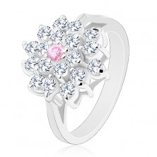 Inel cu braţe despicate, floare mare, transparentă cu un zirconiu roz în mijloc