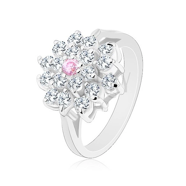 Inel cu braţe despicate, floare mare, transparentă cu un zirconiu roz în mijloc