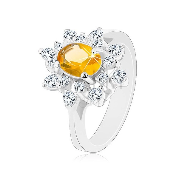 Inel de culoare argintie, floare strălucitoare din zirconii de culori galben și transparent