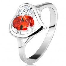 Inel de culoare argintie, contur inimă cu zirconii ovale portocaliu şi transparente