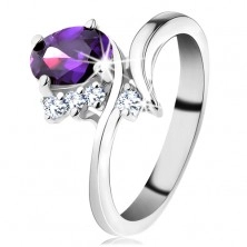 Inel de nuanță argintie, brațe ondulate înguste, zirconiu oval violet