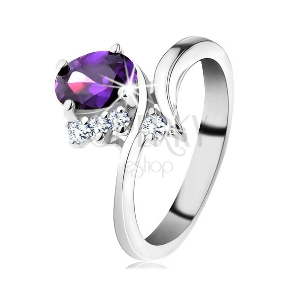 Inel de nuanță argintie, brațe ondulate înguste, zirconiu oval violet