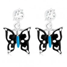 Cercei cu fluture în culori negru-albastru-alb, argint 925, cristal