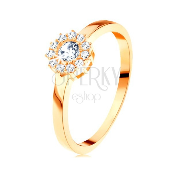 Inel din aur galben de 14K - floare lucioasă cu zirconii rotunde, transparente