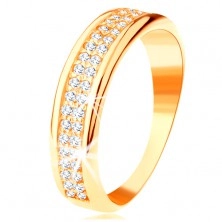 Inel din aur galben de 14K - două linii de zirconii transparente, margine rotunjită, lucioasă