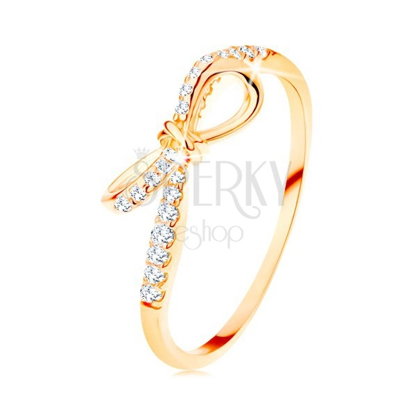 Inel de aur galben de 14K - zirconiu decorat cu o fundiță, brațe înguste
