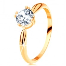 Inel de logodnă din aur 585 - braţe rotunjite, zirconiu rotund strălucitor de culoare transparentă