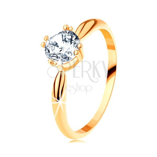 Inel de logodnă din aur 585 - braţe rotunjite, zirconiu rotund strălucitor de culoare transparentă